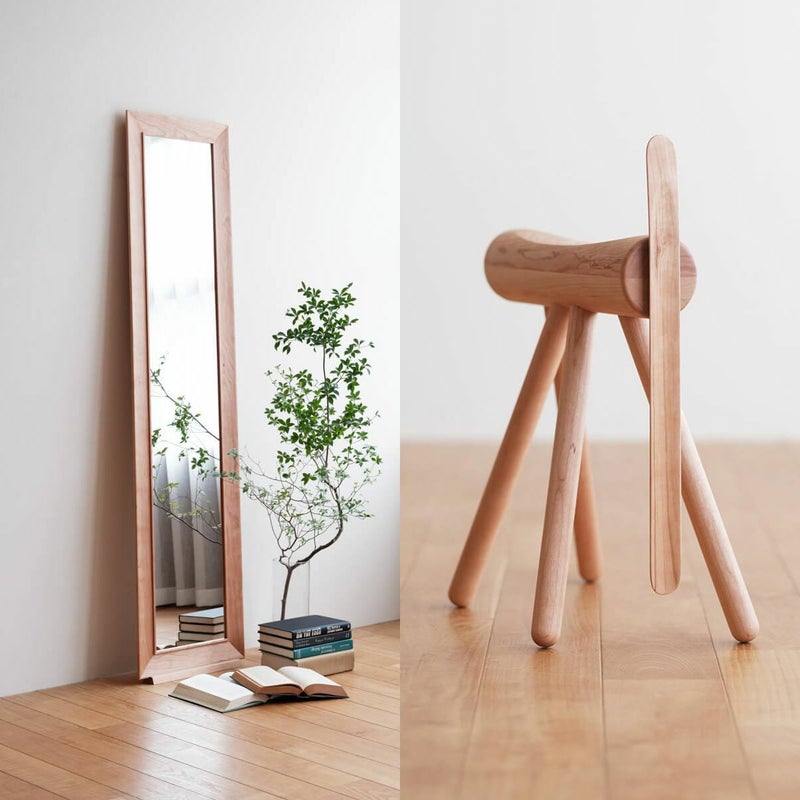 【MIRROR＆Stool】ベース付きミラー ＆ 玄関スツール3点セット